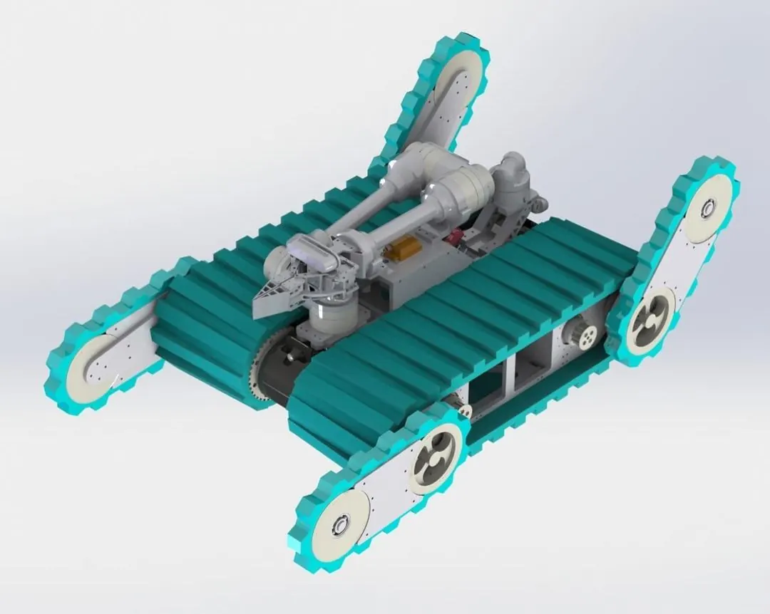 CAD render of PHRYNE with teal tracks, four flippers and a mounted arm